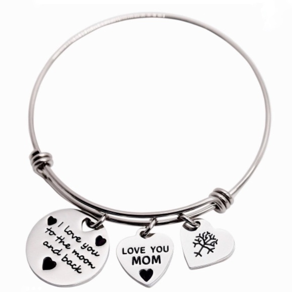 New Silver Tone Love You Mom Charm Bangle Bracelet - Picture 1 of 5